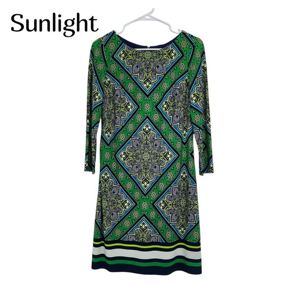 Vince Camuto Womens Green & Navy Geometric Print Sheat Dress Size 6 - Picture 1 of 12